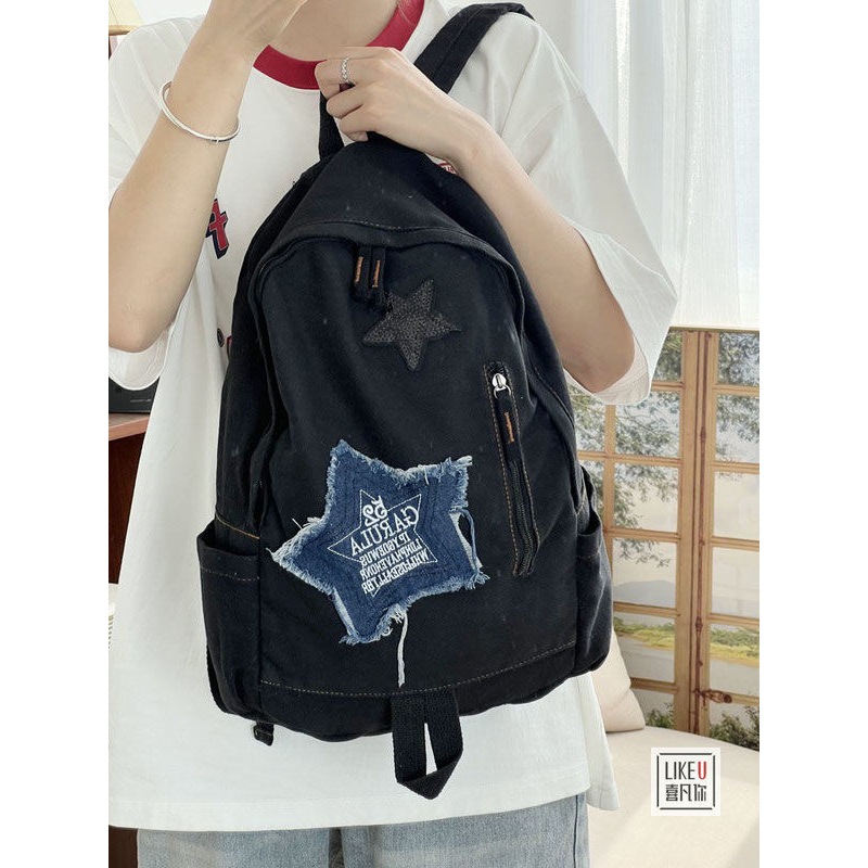 Sunshine wants original denim backpack star Y2K student schoolbag large capacity splicing hot girl handmade female