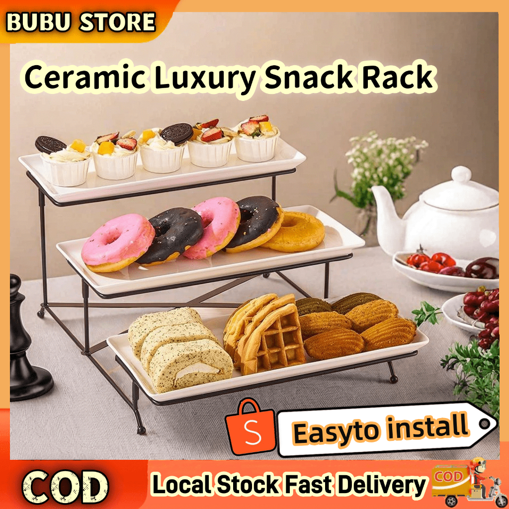 3 Tier Rectangular Serving Platter Ceramic Cupcake Rack Buffet Server ...