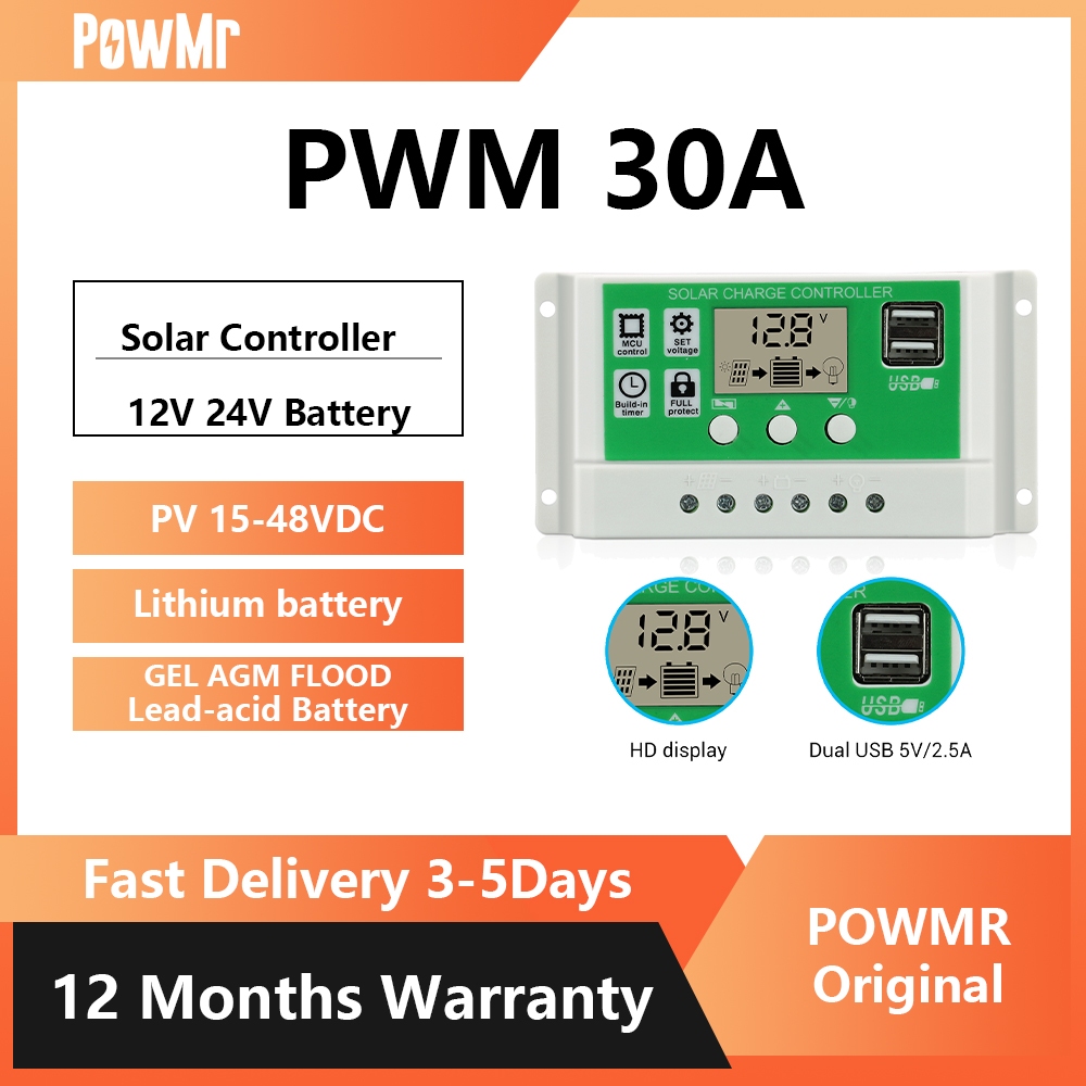 PowMr 30A PWM Solar Charge Controller 12v 24v Lithium Battery Automatic ...