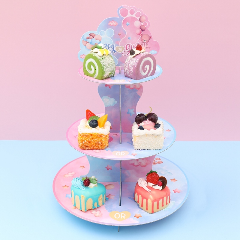 3Tier Teddy Bear Pattern Cake Stand Blue Pink Cupcake Stand Cardboard ...
