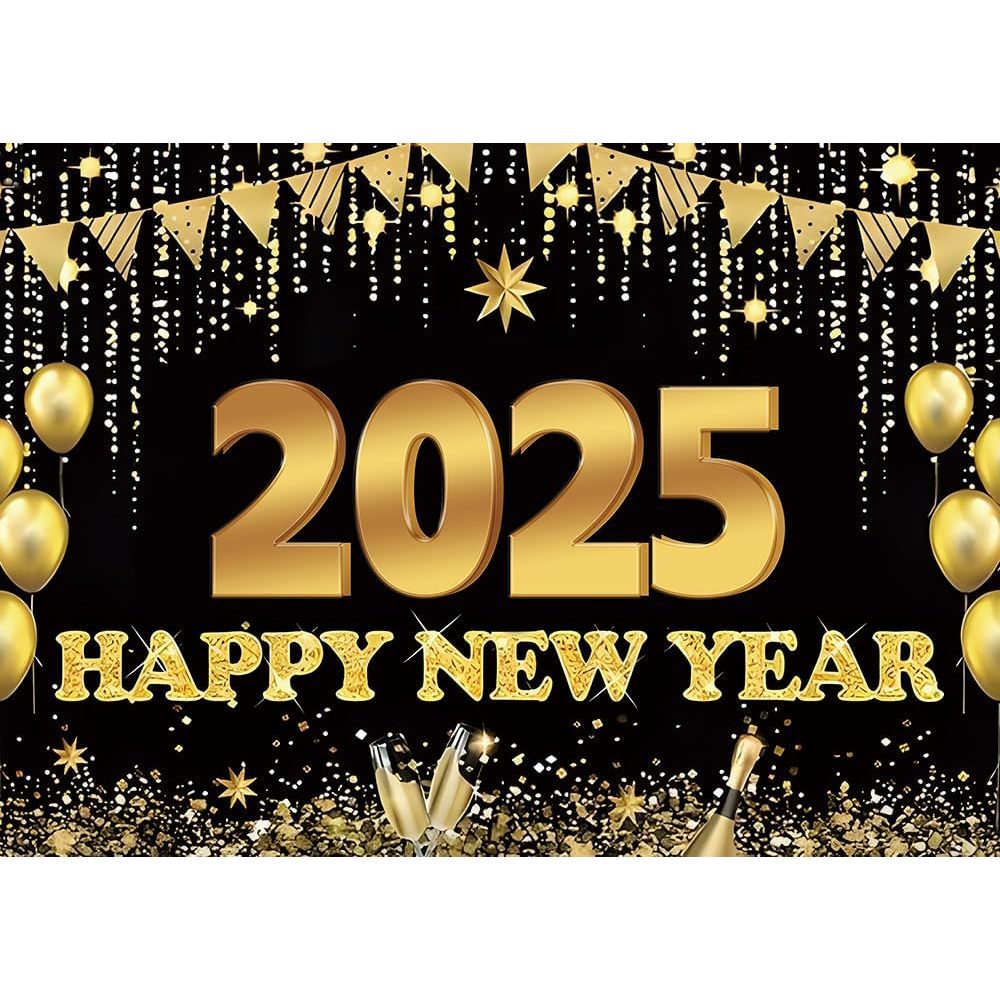 5x3ft Happy New Year Photo Backdrops 2025 Black and Gold Glitter ...