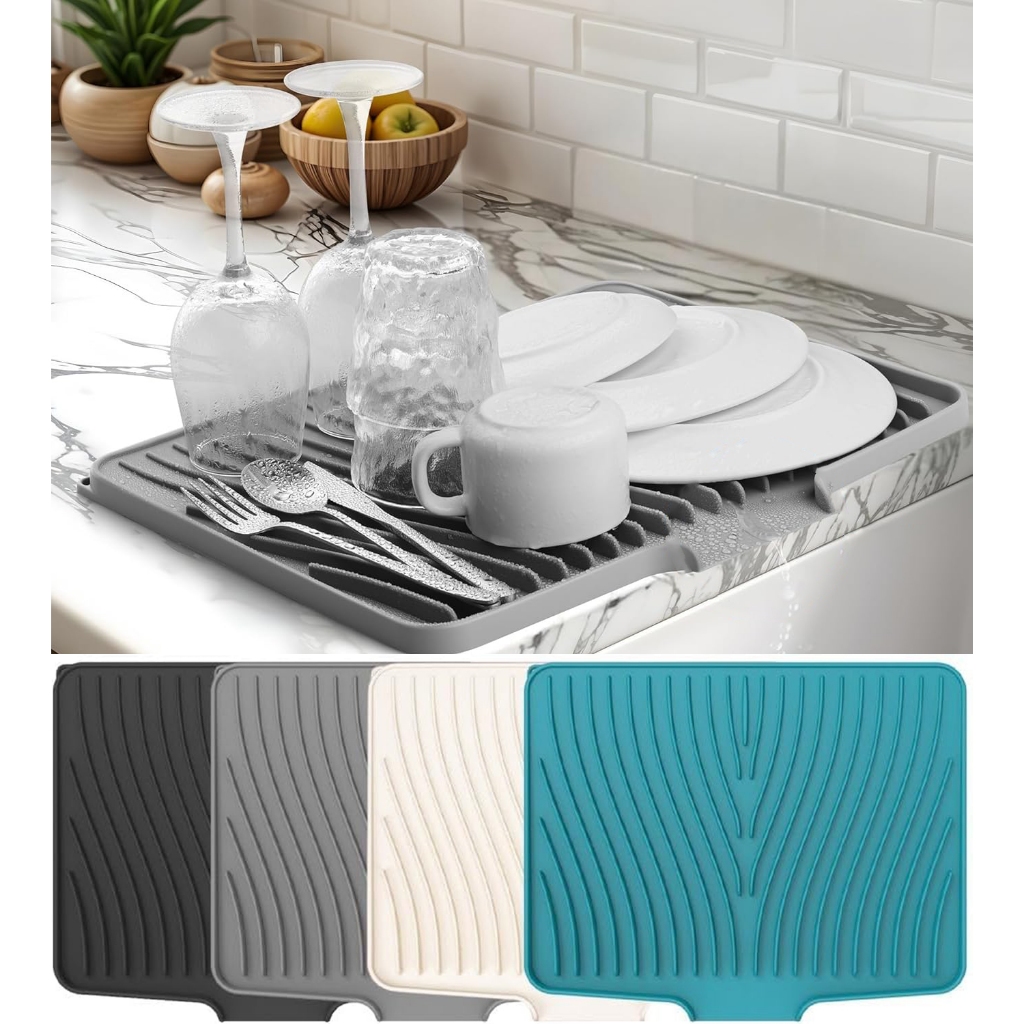 Silicone Dish Drying Mat with Raised Drain Lip, Inclined Design