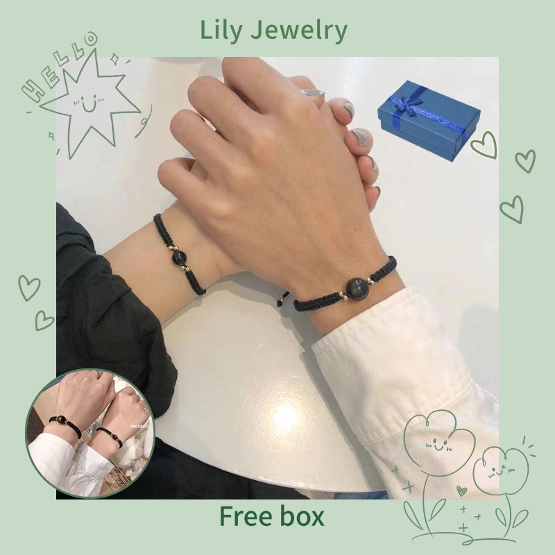 With Box]Natural Obsidian Braided Couple Bracelets A Pair Men Women Bracelets Valentine's Day