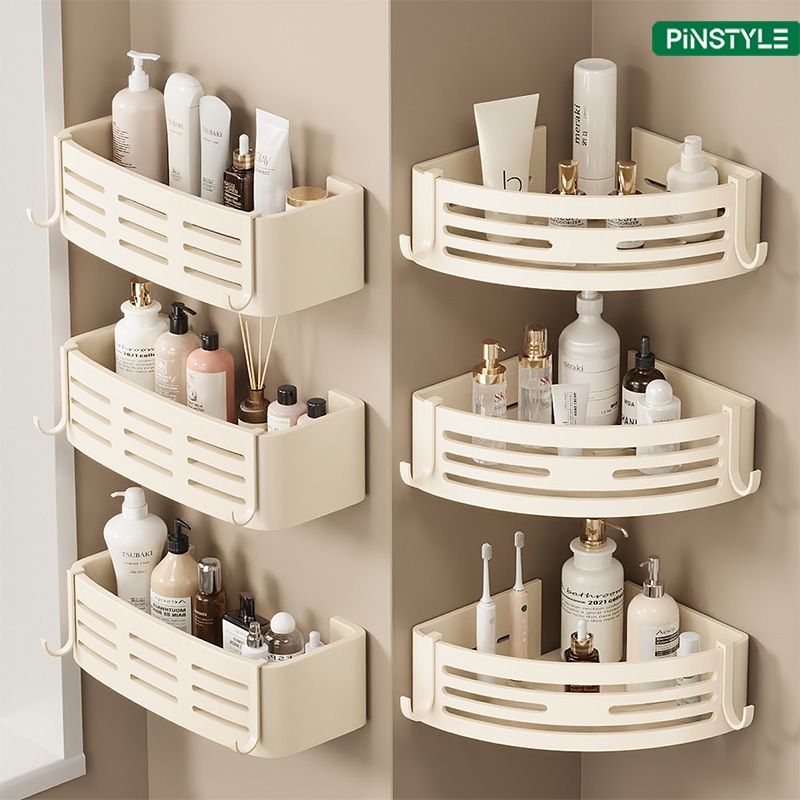 PINSTYLE Bathroom Organizer Cream Rack Punch-Free Bathroom Corner Shelf ...