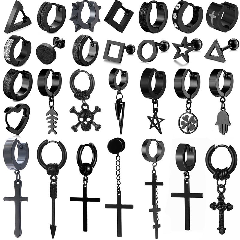 1/2PCS/Lot Punk Style Black Color Stainless Steel Earring Cross Pendant