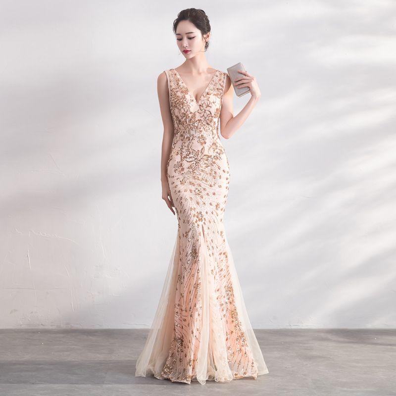 Round Neck Off-the-shoulder Slim-fit Sheath Sequined Banquet Fishtail Evening Dress main image 1