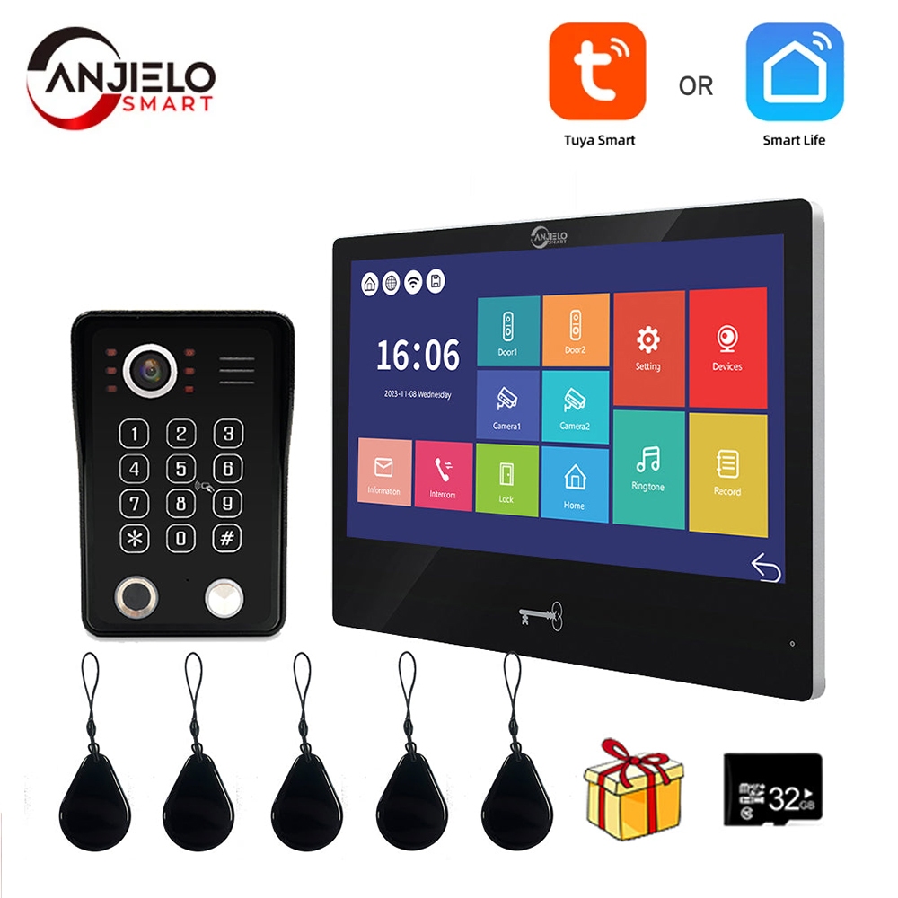 ANJIELO SMART 1080P Video Doorbell Camera with 7 Inch Touch Screen, Video Doorbell, Intercom Installation (4 Cables), Support Car Recording, Infrared Night Vision, PIR Motion Detection (Black