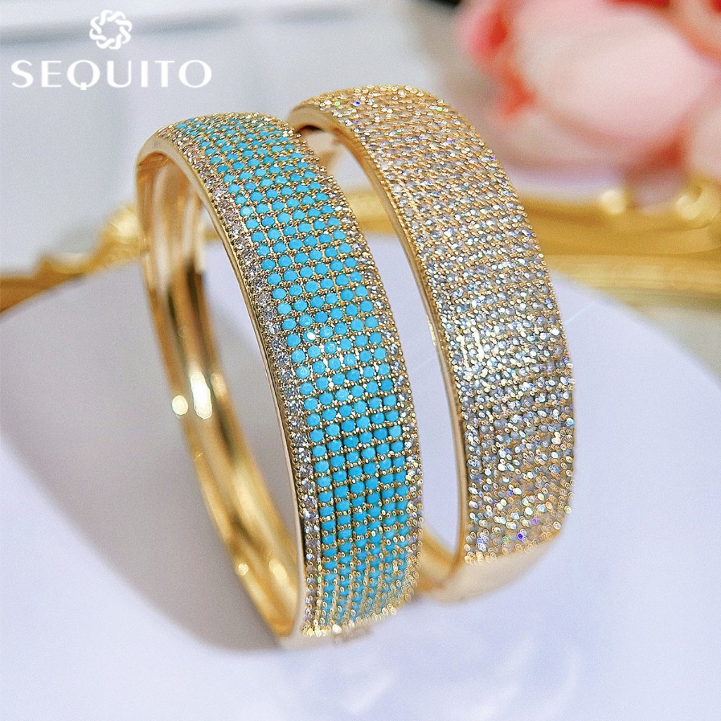 SEQUITO Brilliant Yellow Gold Color Women Bangle Paved Setting Frosted ...