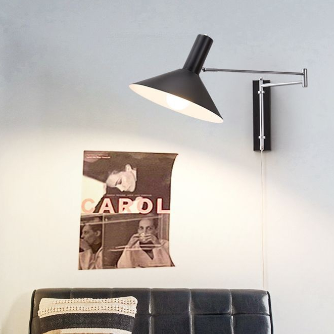 Modern Black Rotatable Swing Arm Wall Lamp, Adjustable Metal Wall