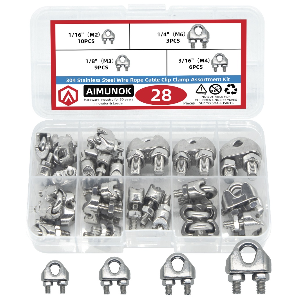 28PCS 304 Stainless Steel Wire Rope Clamp Kit with U-Shaped Card Heads ...