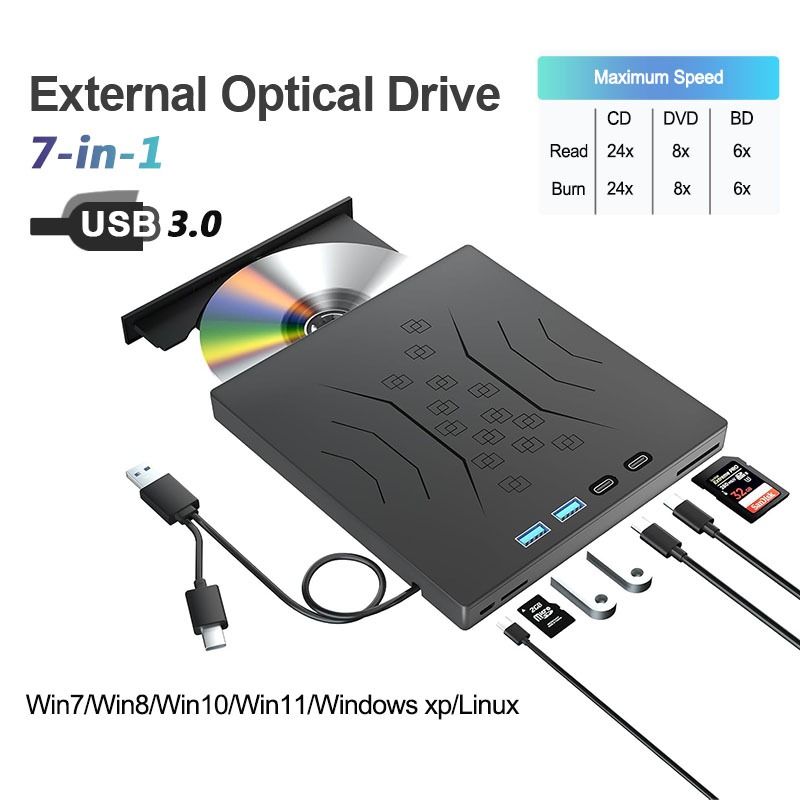 7 in 1 External DVD Drive USB 3.0 Type-C External CD/DVD Drive Portable ...