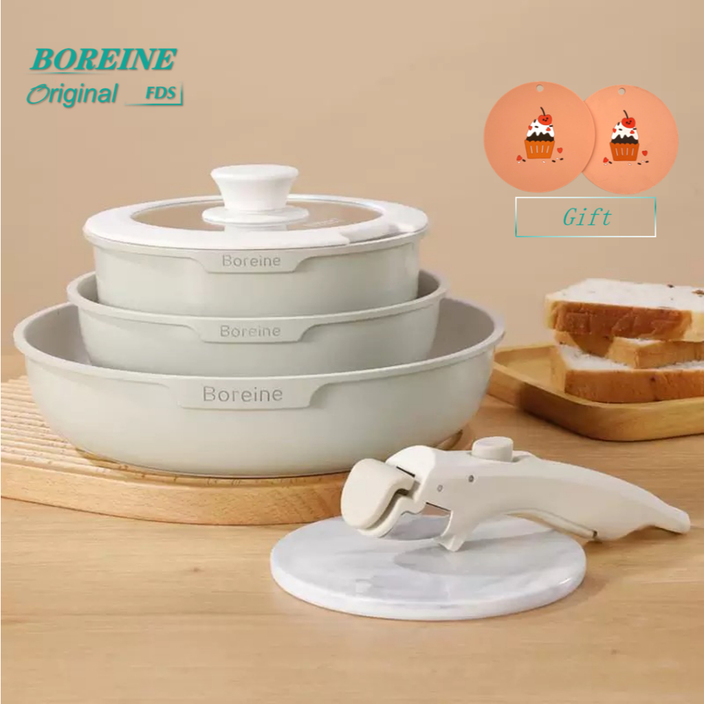 BOREINE [factory outlet] Exquisite kitchen cookware set(3 types of pots)  Non stick Frying pan(20/26) Soup pot(18) 耐热415℃ Pot or plate? Both