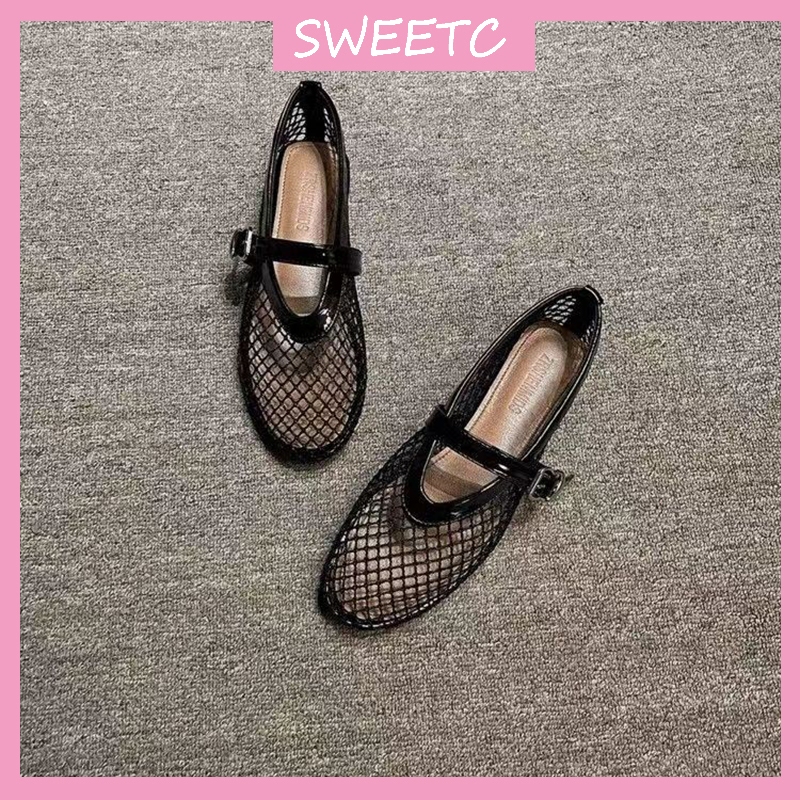 SWEETC Shoes for Women Fashion Round Toe Mesh Hollow Ballet Flats Fishnet  Shoes