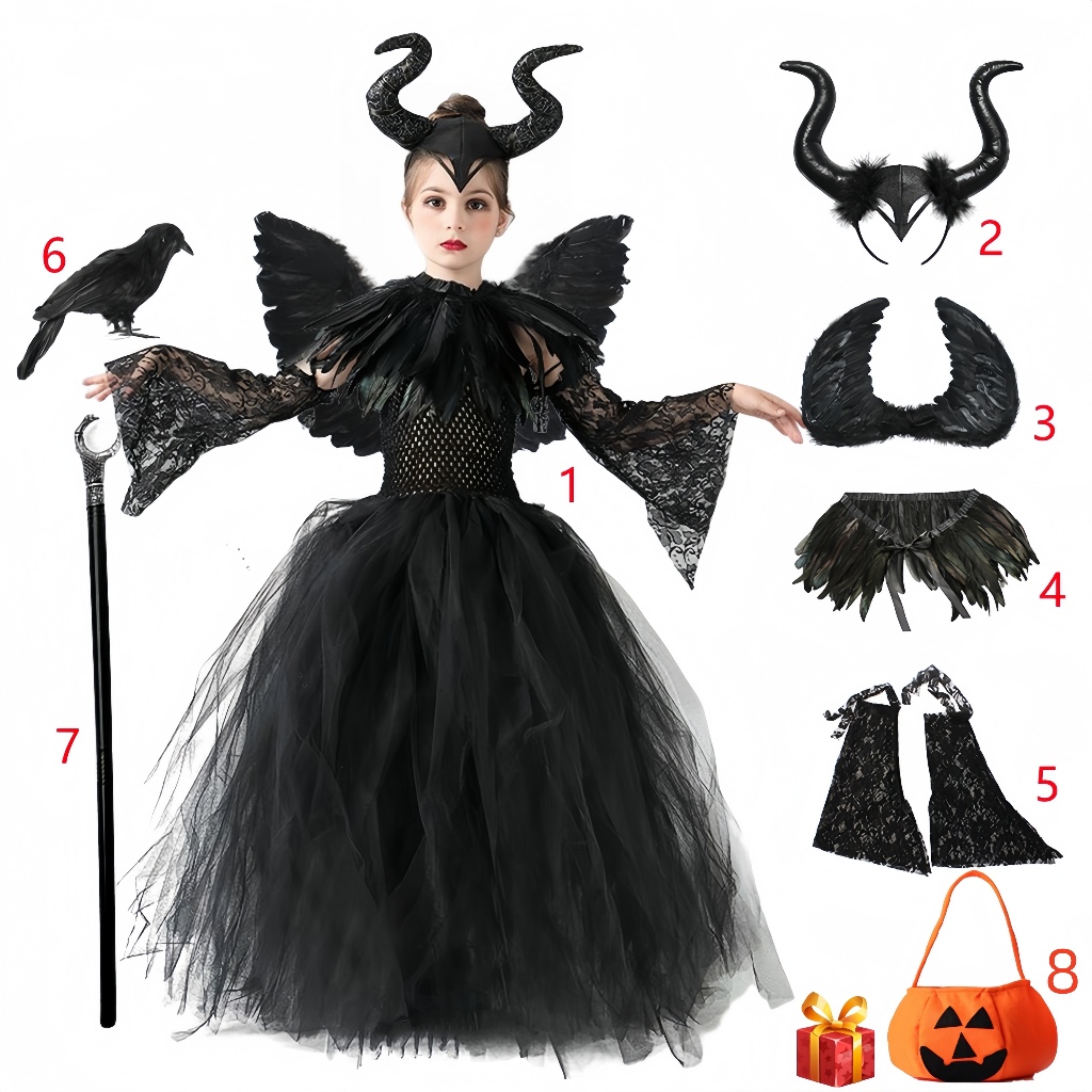Kids Halloween Maleficent Costumes Black Gown Gothic Dark Witch Queen Girls  Tutu Dress Evil Fairy Costume Carnival Party Outfit Sleeveless Sling Mesh  Short Dress 4 Years Toddler Baby