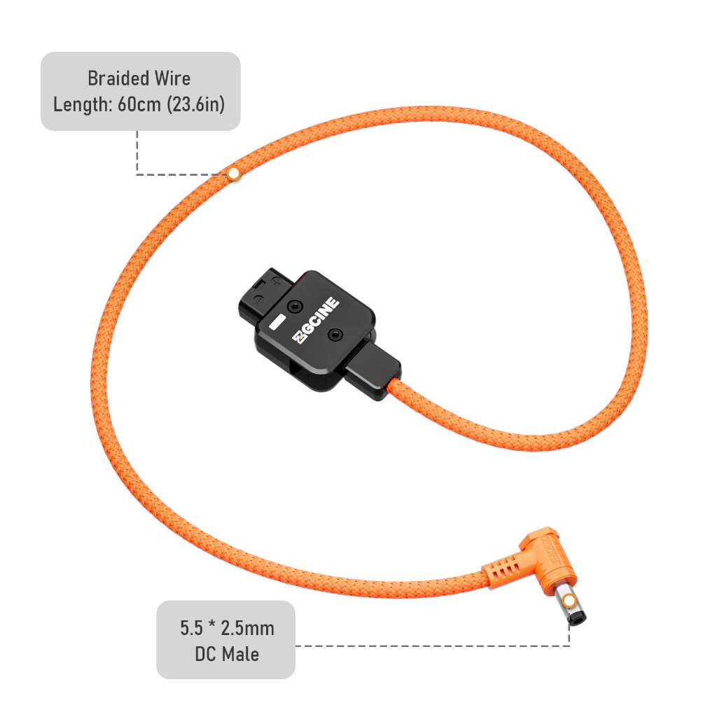 ZGCINE D-Tap To 5.5*2.5mm DC Connector Power Cable 60cm Length 180 Rotatable Braided Wire Compatible V Mount Gold Mount Battery Monitor Vedio Light Dslr