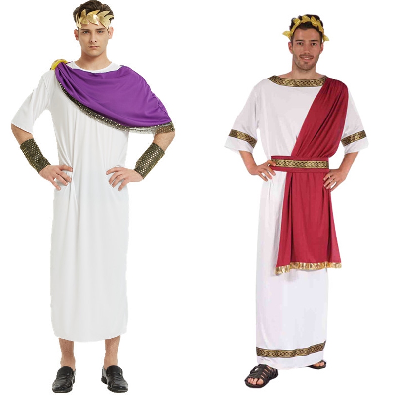 Halloween Men Ancient Greek Roman Purple Toga Adults Retro Gold Cosplay ...