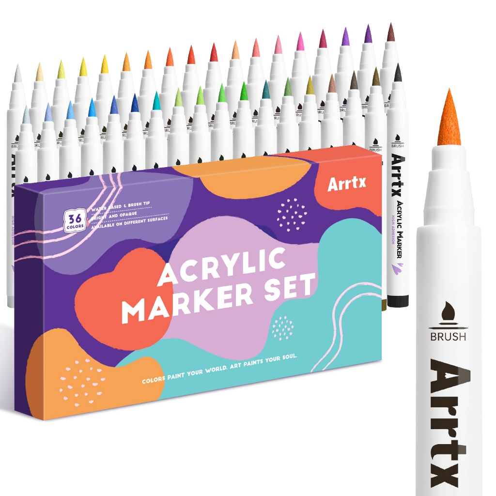 Arrtx 36 Colors Acrylic Markers, 16mm Brush Tip Water Based Acrylic