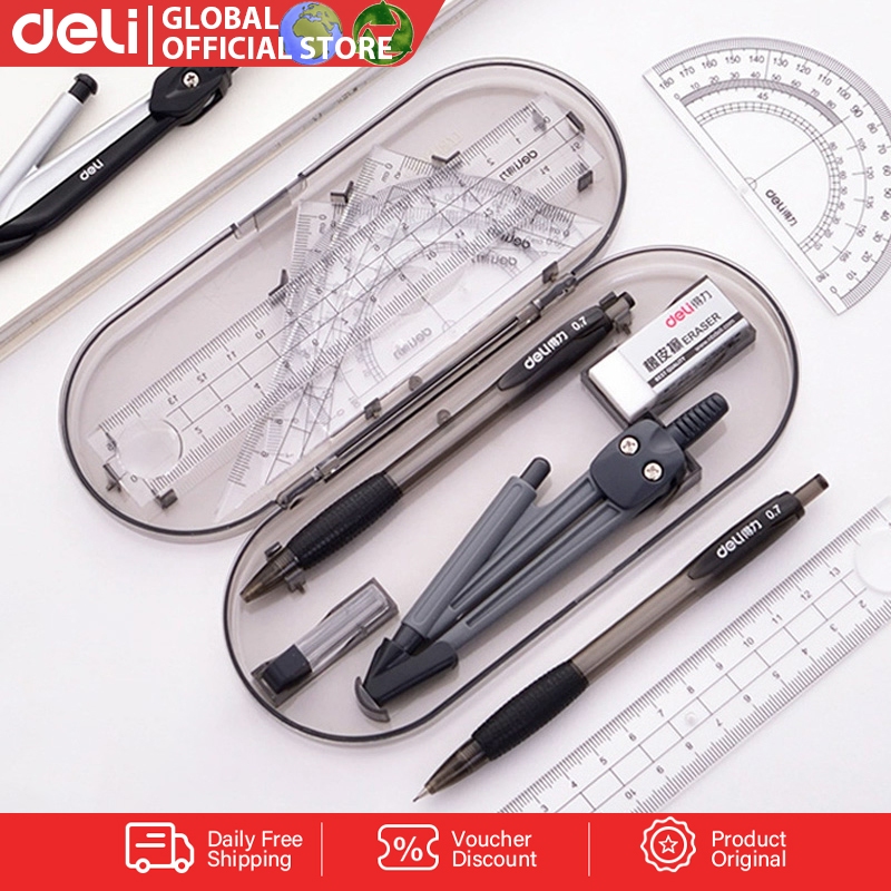 Deli 7pcs Geometry Compasses Ruler Set Exam Drawing Math Learning Tools ...