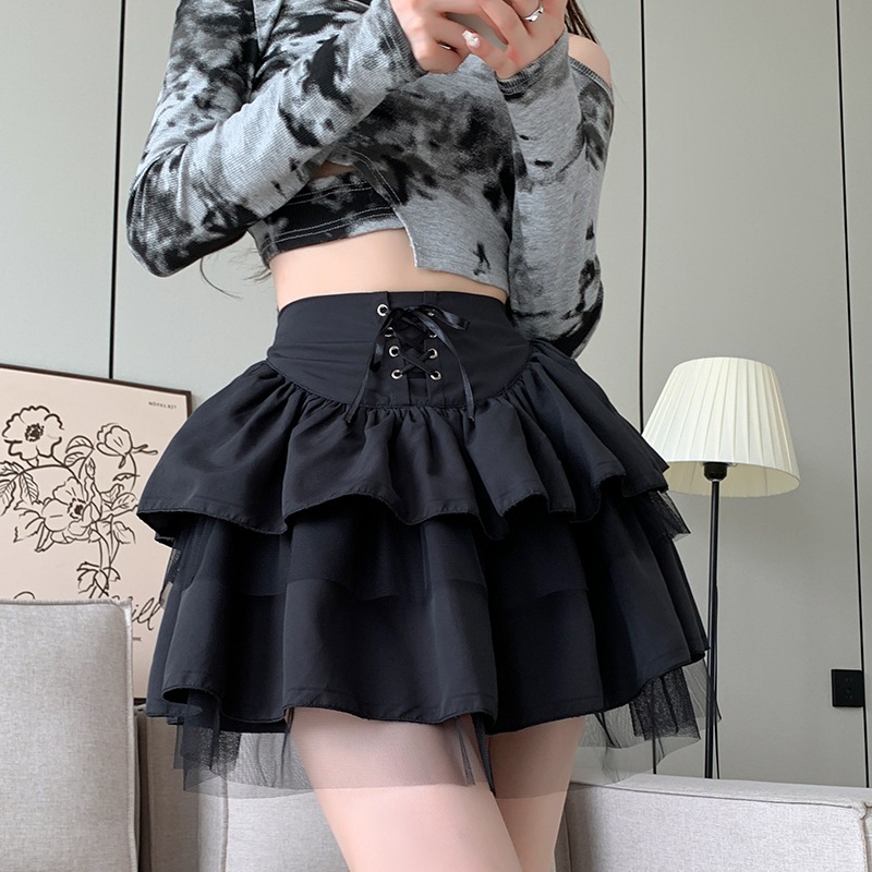 Women's Short Skirt High Waist Skirt Loose Mesh Lace up Puffy Skirt ...