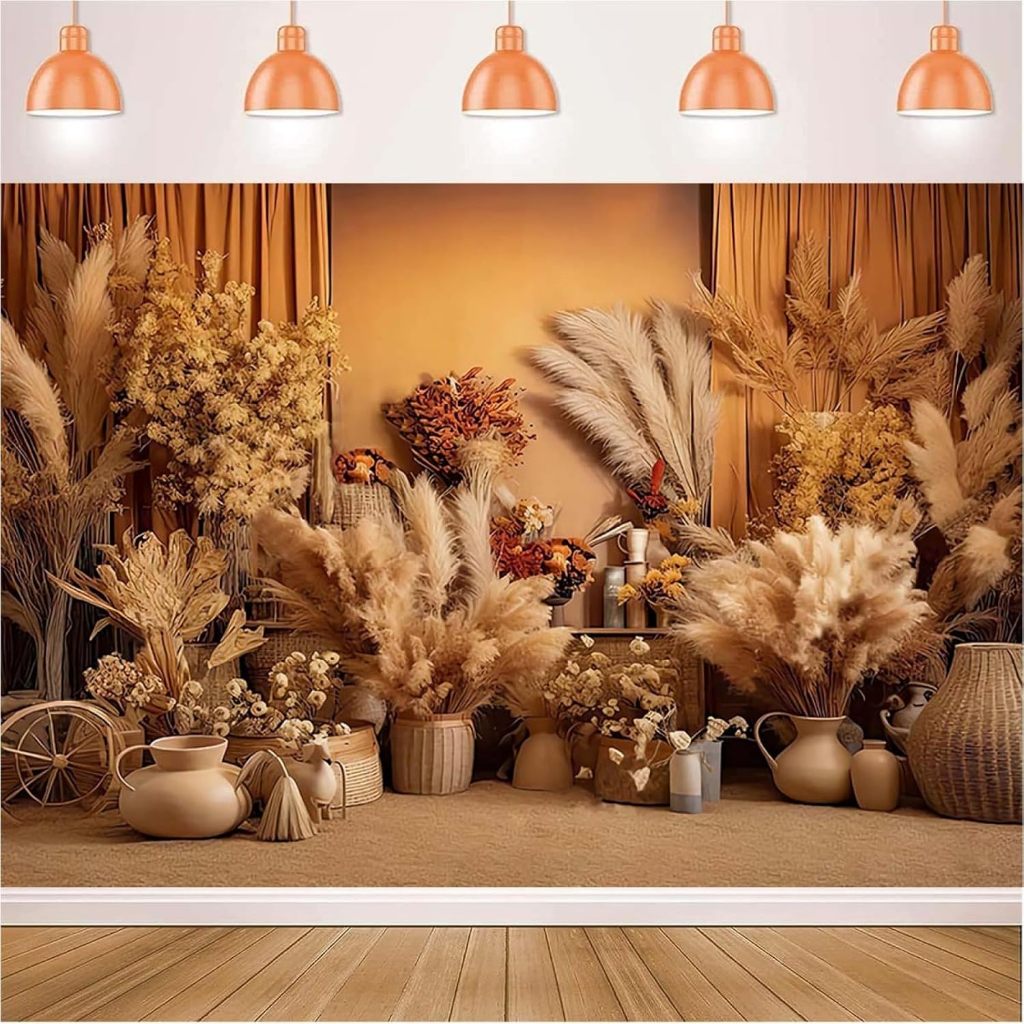 7x5ft Boho Pampas Grass Floral Grey Wall Photography Background ...
