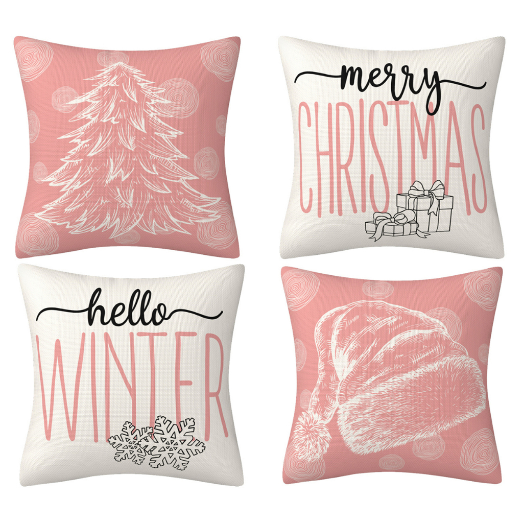 Pink Grey Christmas Tree Pillowcases Linen 70×70.60×60.50×50.45×45.40×