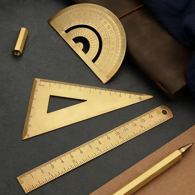 Vintage Brass Straight Ruler Metal Triangle Protractor Multifunctional ...