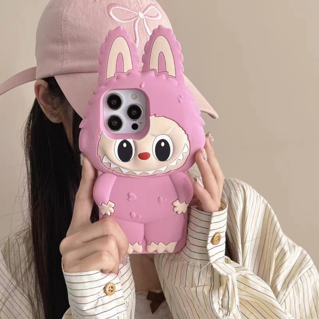 Pink Cartoon Labubu Soft Silicon 3D Phone Cover, Fashion Shockproof