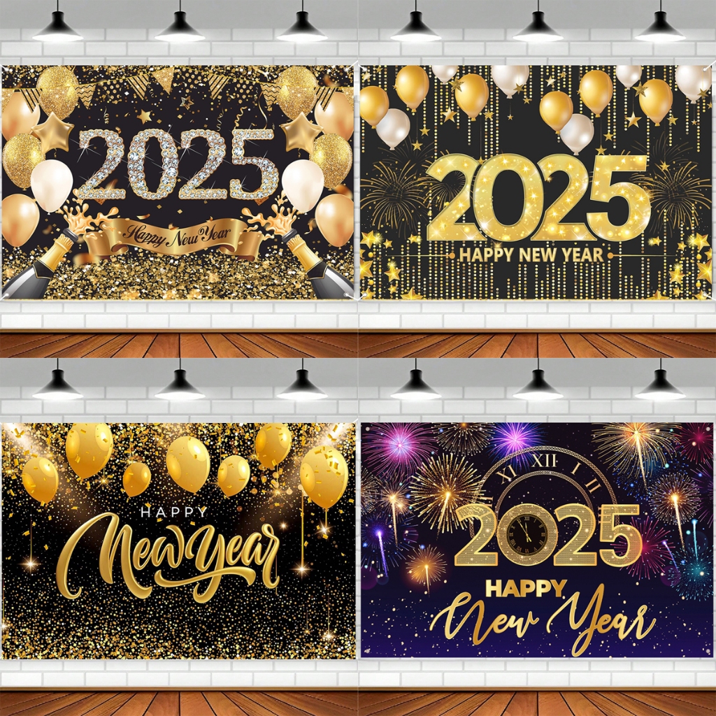 【Super Deal】Polyester Happy New Year 2025 Banner Black Gold Backdrop ...