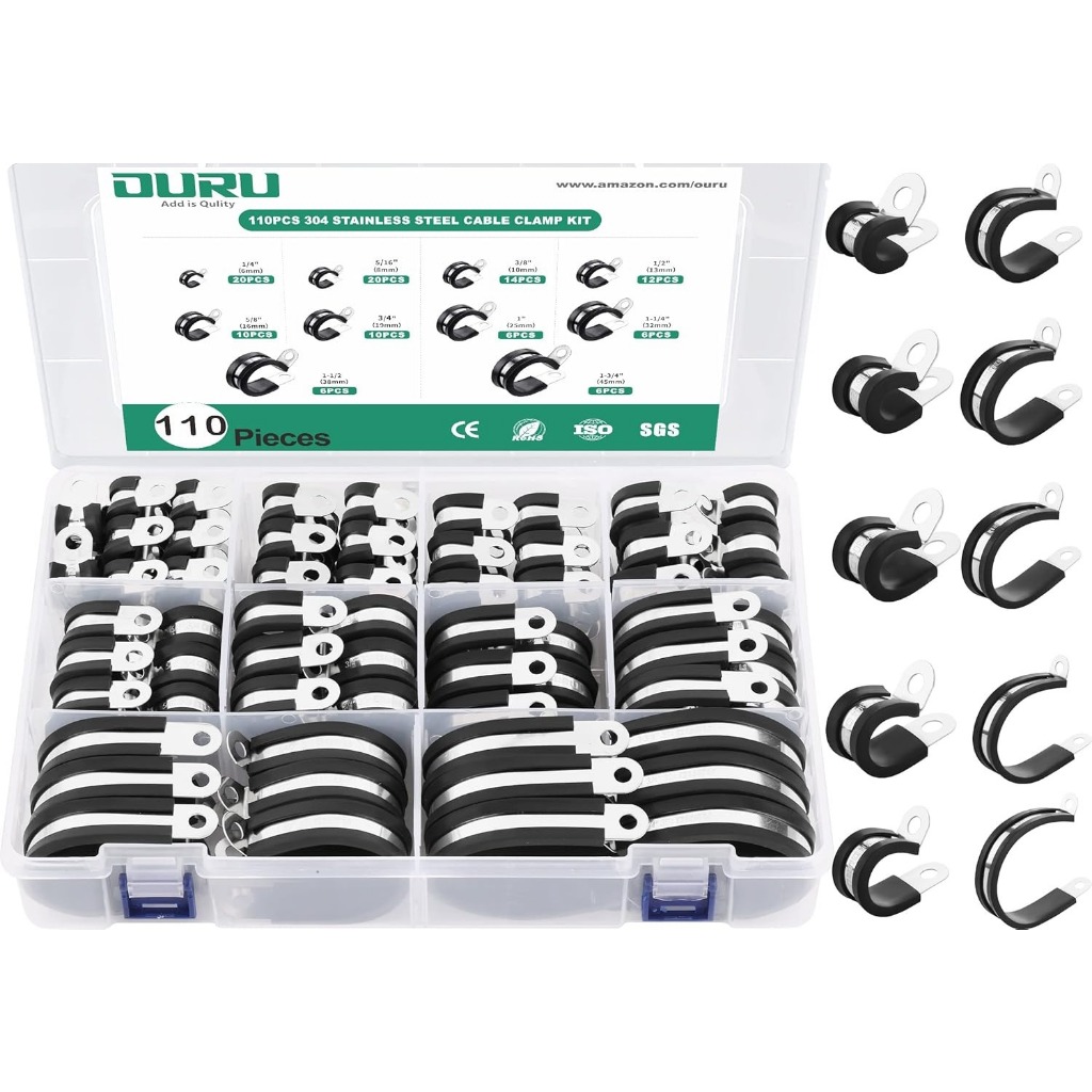 110PCS Cable Clamps Assortment Kit, Stainless Steel Rubber Coated ...