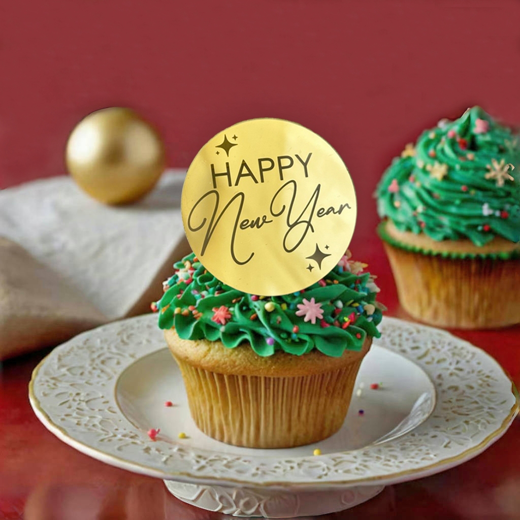 12 Pieces Happy New Year Cupcake Toppers, 2025 Round Mirror Engraved Acrylic Cake Topper Cupcake ...