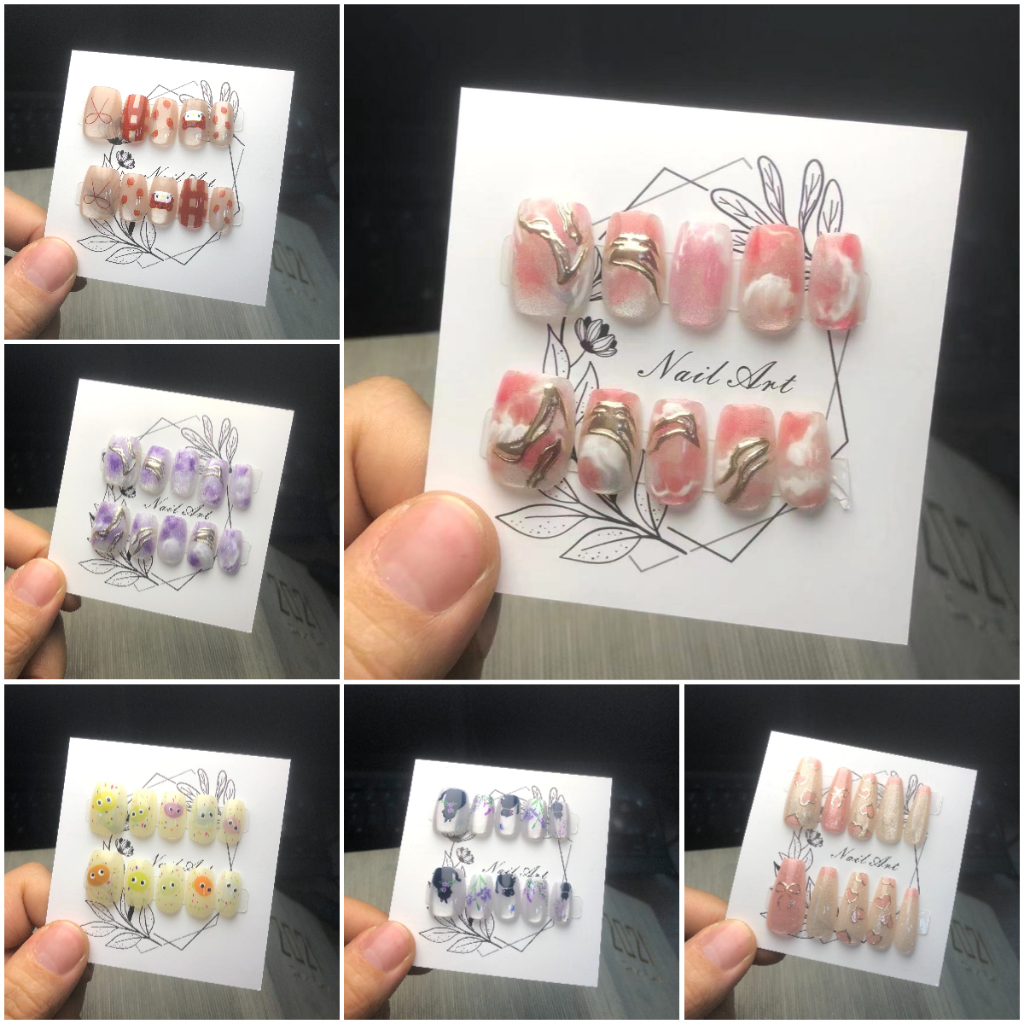 NEW【Handmade】 10 Pcs of Short Fake Nails with Cat Eye Design, Solid
