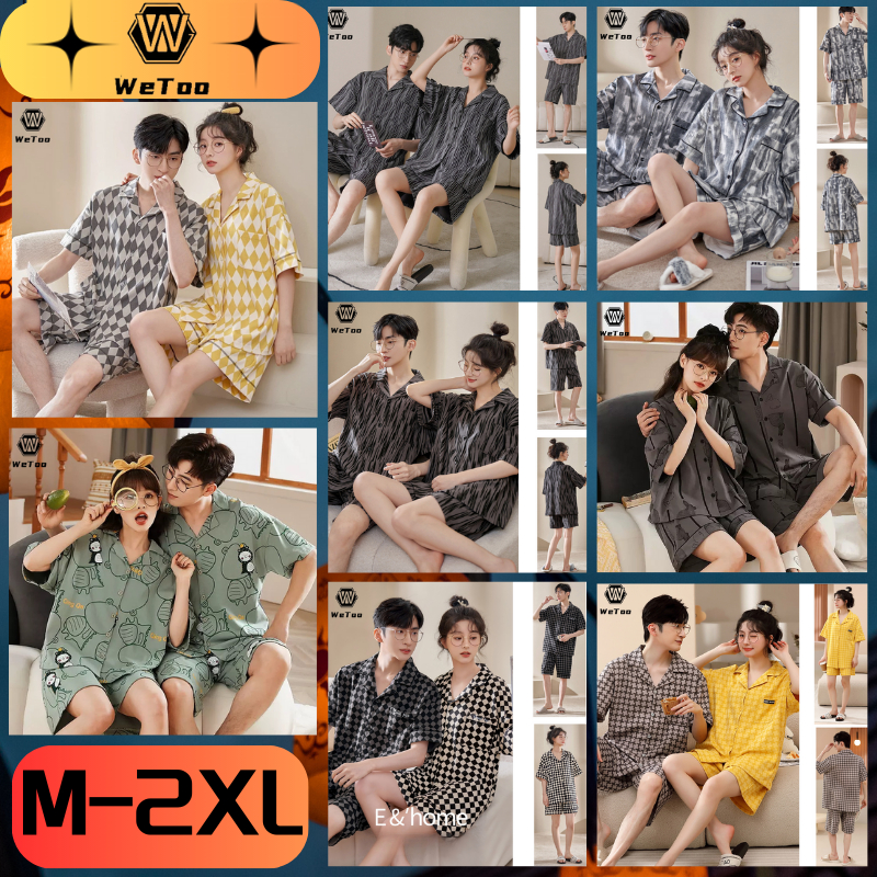 WeToo#M-2XL Korean Couple Pajama Set Cotton Short Sleeve Collar pattern ...