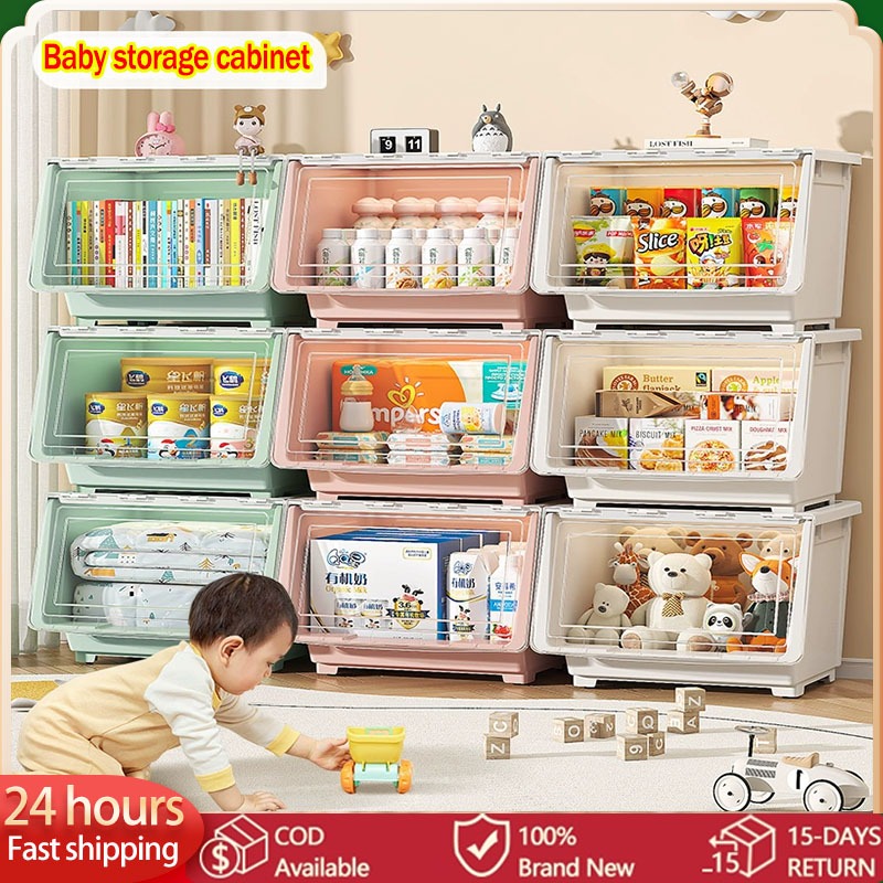 Baby's oversized storage cabinet Stackable Plastic Storage Box Large  Capacity Flip Top Multifunction Plastic toy Storage Bin with Wheel Easy to 