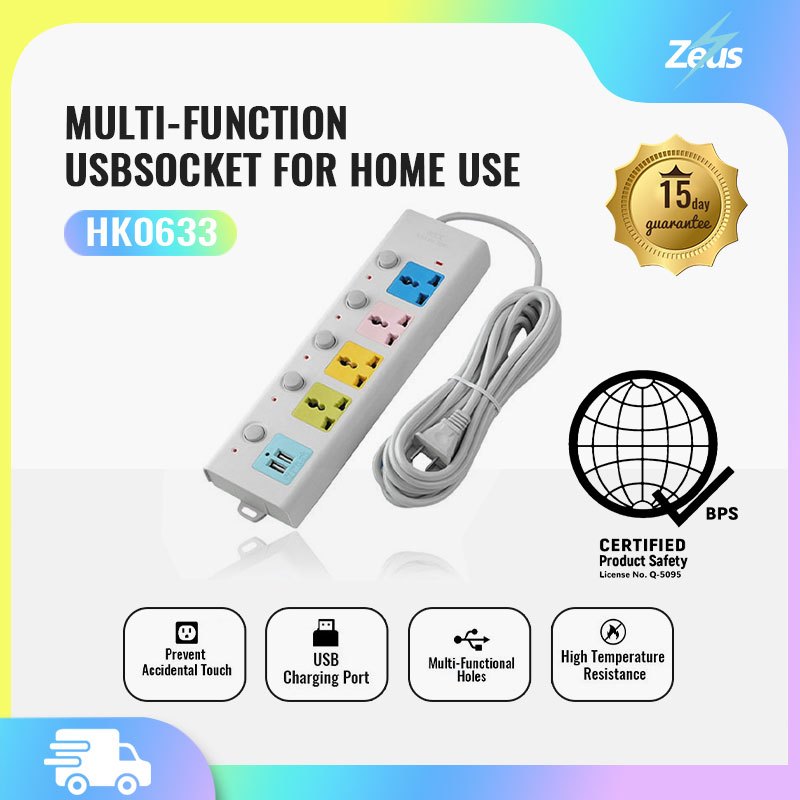 Zeus Multi-Function Socket Extension Outlet with 4 Power Socket AND 2 ...