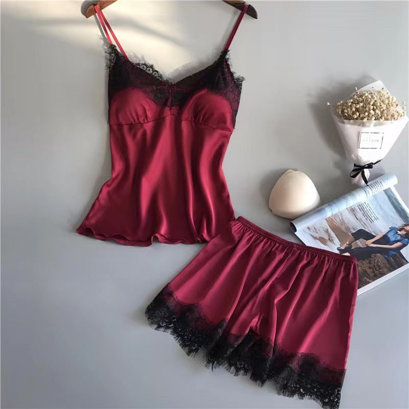 2 PCS womens Sexy Lace Lingerie Camisole Tank Top Shorts Ice Silk Set ...