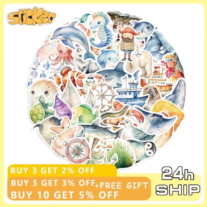50PCS Cute Marine Sea Animal Stickers Ocean Life Decals DIY Laptop ...