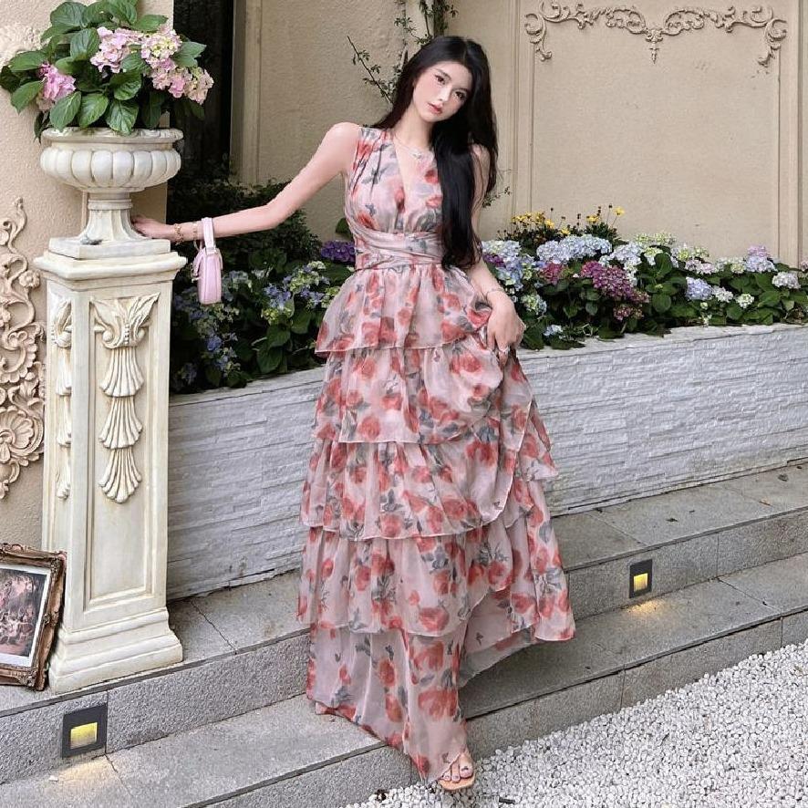 ZZ Austin Gardens, Backless Vacation Dresses, Oil Painting Premium