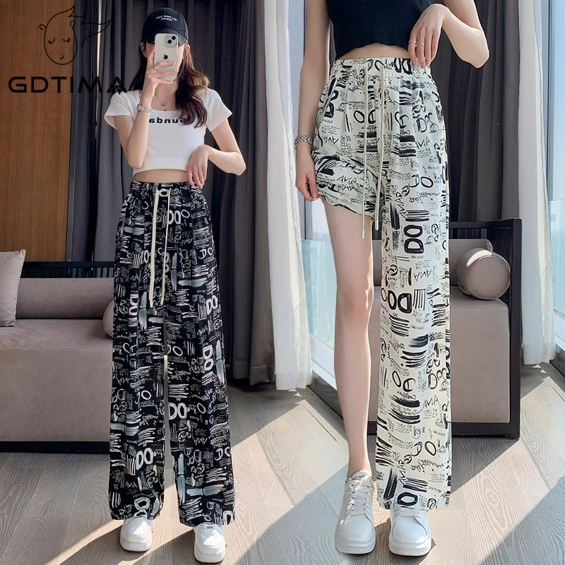 GDTIMA Korean Printed Pants For Women Summer Casual High Waisted Wide Leg Trousers Shopee Philippines