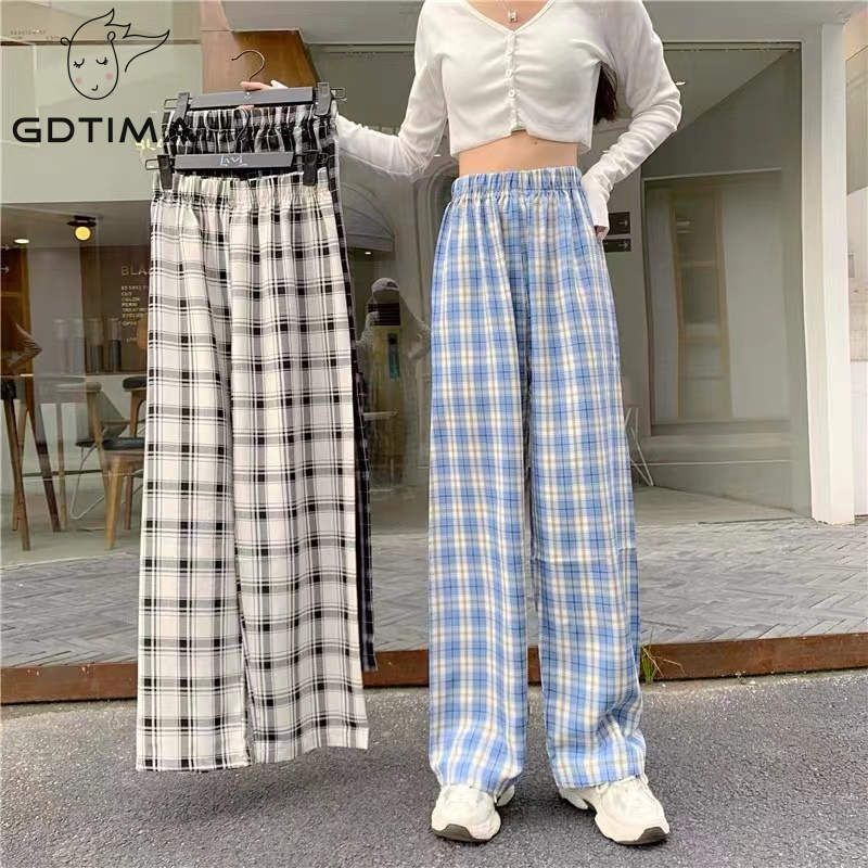 GDTIMA Plaid Trousers For Women Korean Casual High Waist Loose Wide Leg pants Shopee Philippines