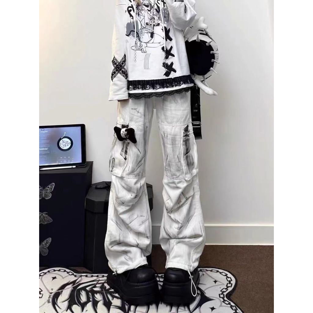 saferido 2000s fashion Overalls Men's Spring and Autumn American High Street Retro Loose Straight Pants Multi-Pocket Functional Style Casual Trousers