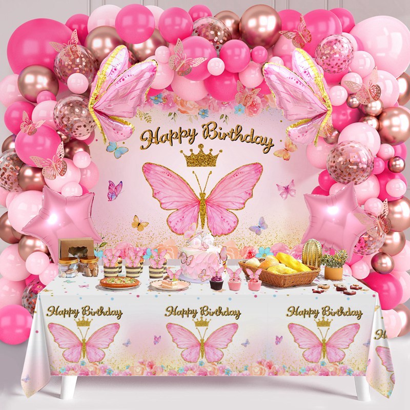 Pink Butterfly Decoration Balloon Set Happy Birthday Banner Foil ...