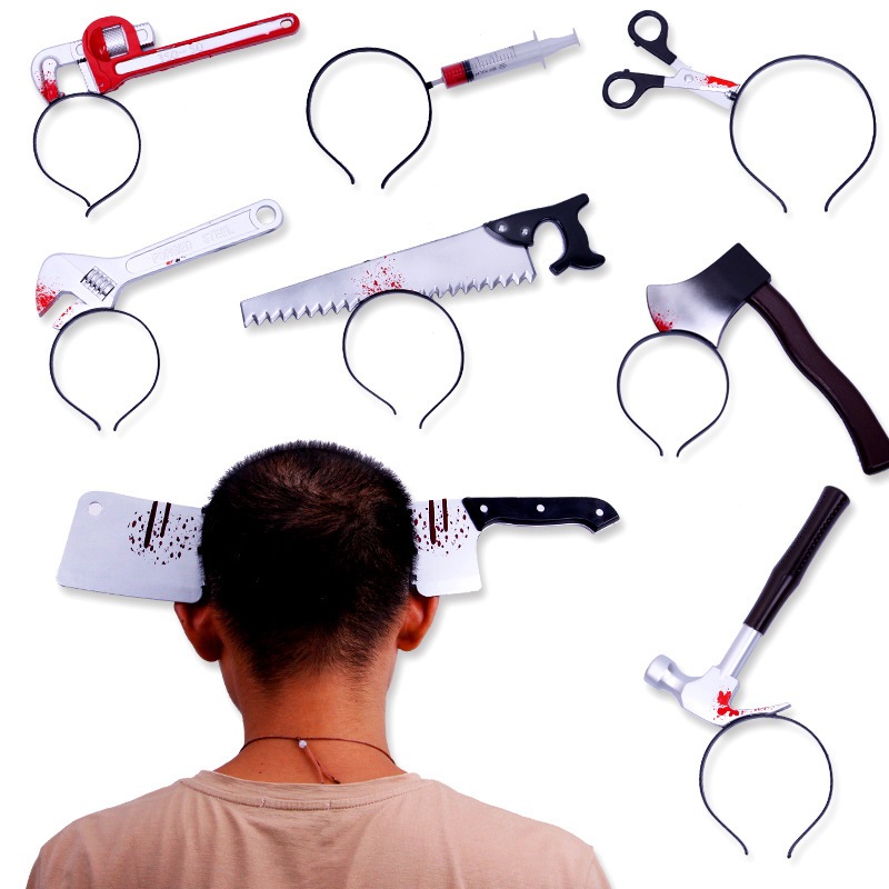 Halloween Cosplay Hair Hoops Clasps Funny Demon Horn Scissors Axe Knife ...