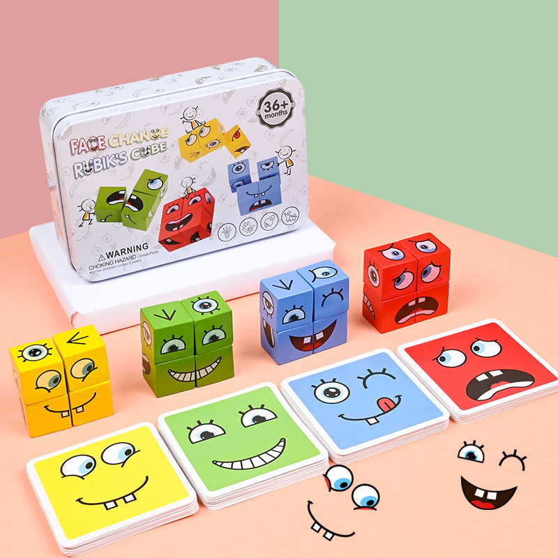 Wooden Face Changing Magic Cube Game, Expression Puzzle Building Blocks ...