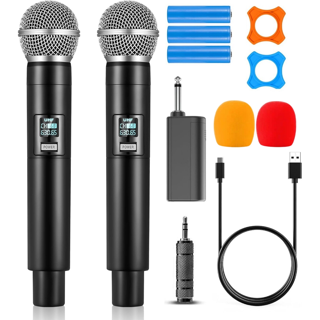 2 in 1 UHF Wireless Microphone Karaoke Dual Handheld Dynamic Microphone ...
