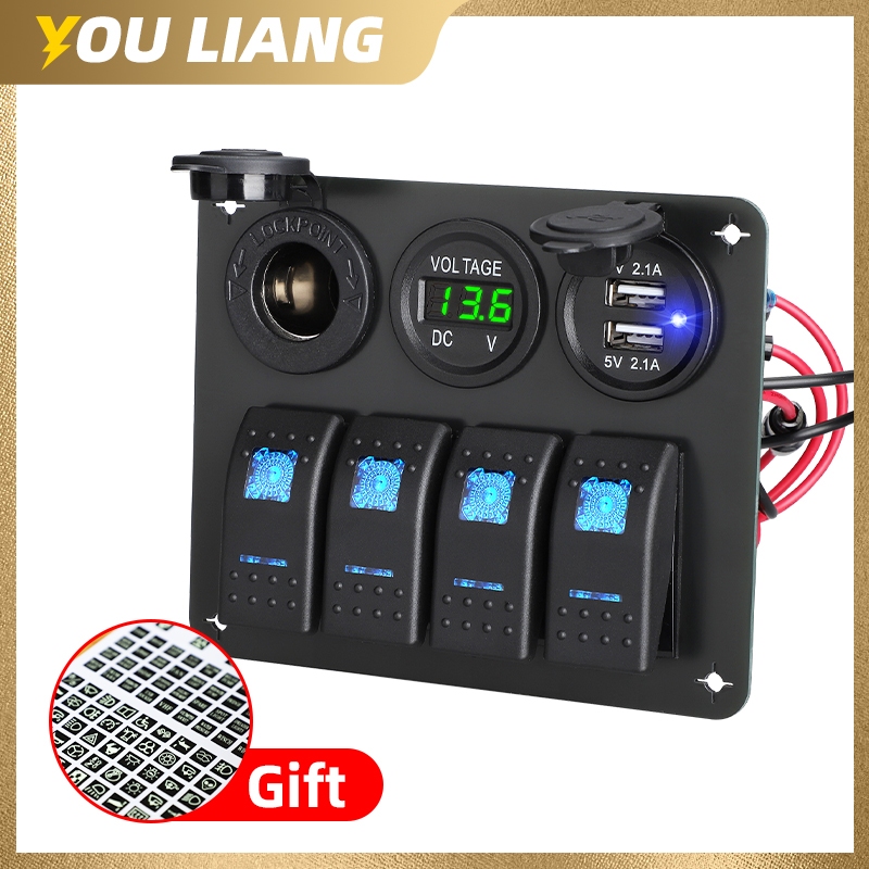 4 Gang ON/OFF Rocker Switch Panel Blue Light 12V 24V LED Voltmeter Dual ...