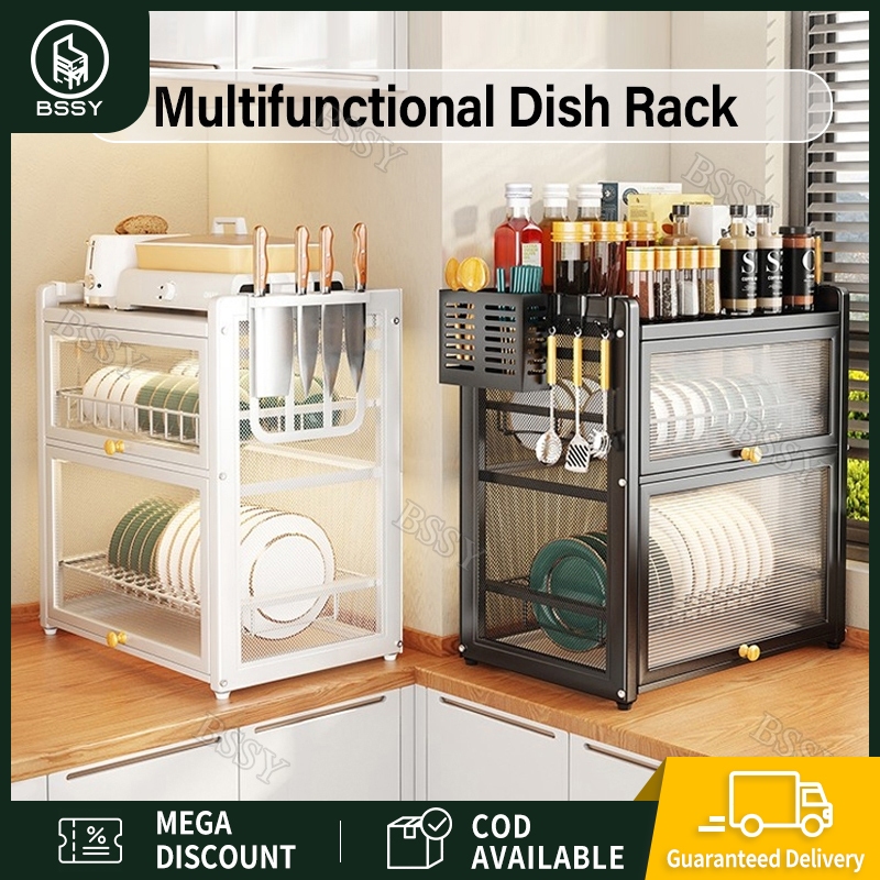 BSSY Dish Rack Metal Kitchen Organizer Dish Cabinet With Flip Cover ...