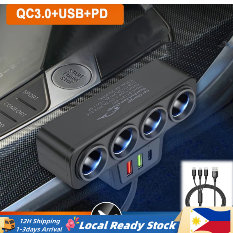 (Local Seller) 12V/24V 120W Car Cigarette Lighter Adapter 4 in1 Socket