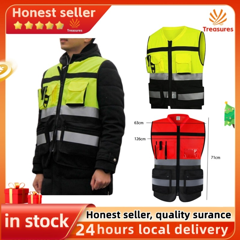 (COD）7 Pocket Class 2 High visibility Zipper front safety vest with ...