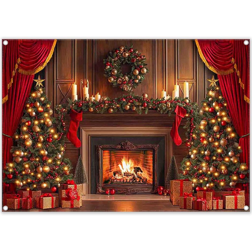 7x5ft Christmas Fireplace Photography Backdrop Xmas Gift Tree Sock ...