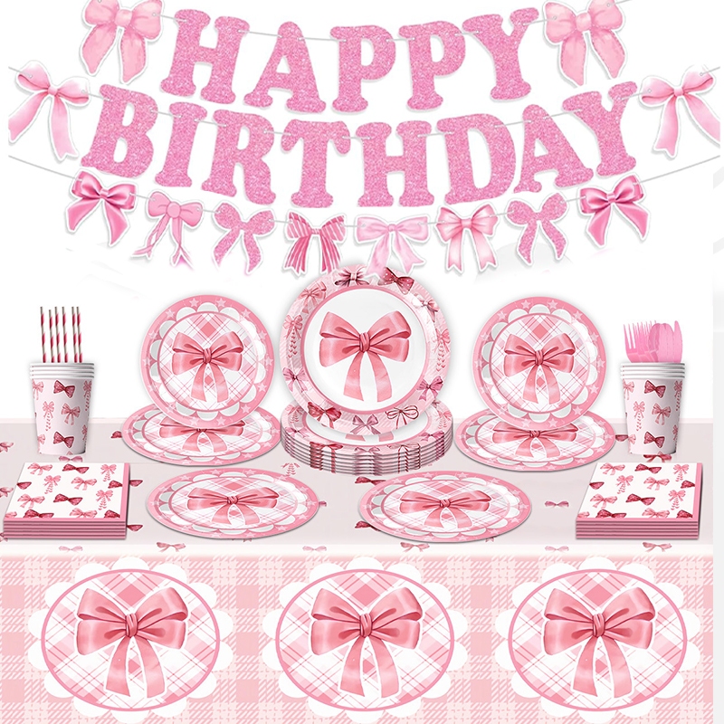 Pink Bow Birthday Party Disposable Tableware Decoration Bow Birthday ...